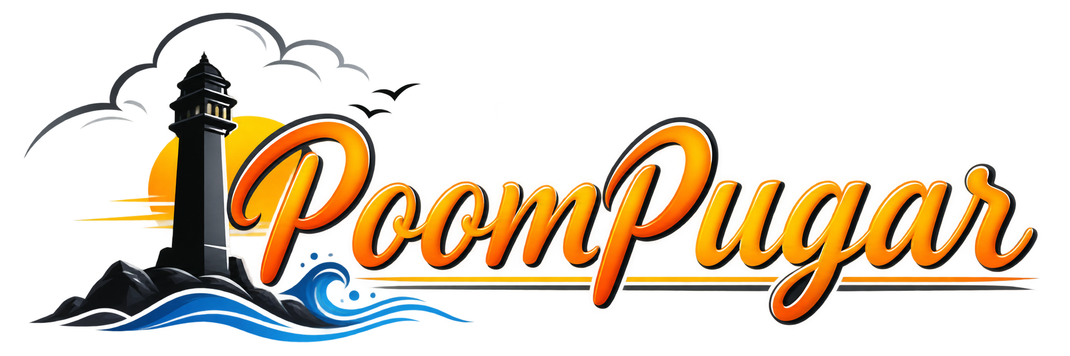 Poompugar logo with lighthouse and orange wordmark